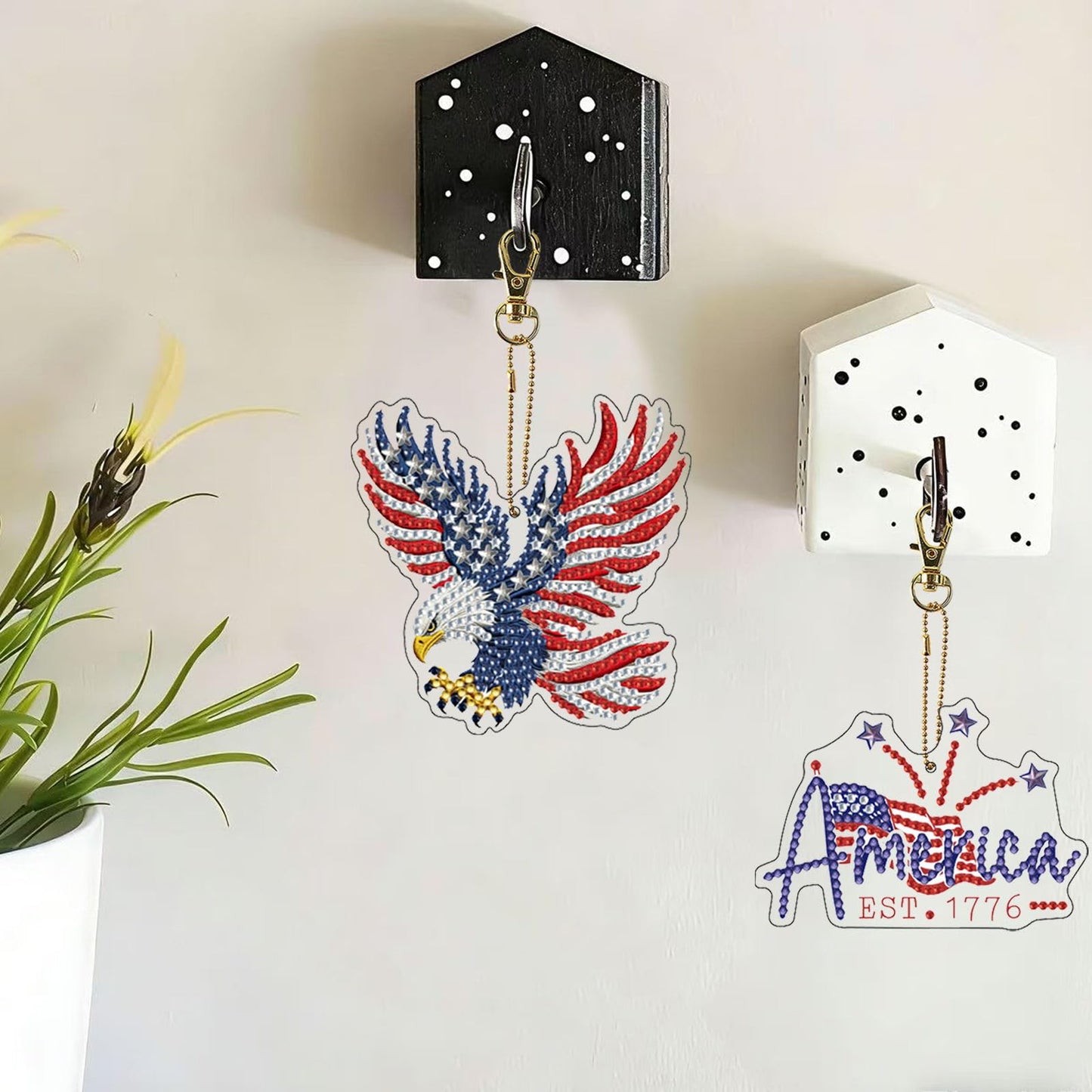 VODAPYC 4PCS 4th of July Diamond Art Keychains Patriotic Ornaments Kits, DIY Double Sided Point USA 250th Anniversary Diamond Art for Independence Day Decor