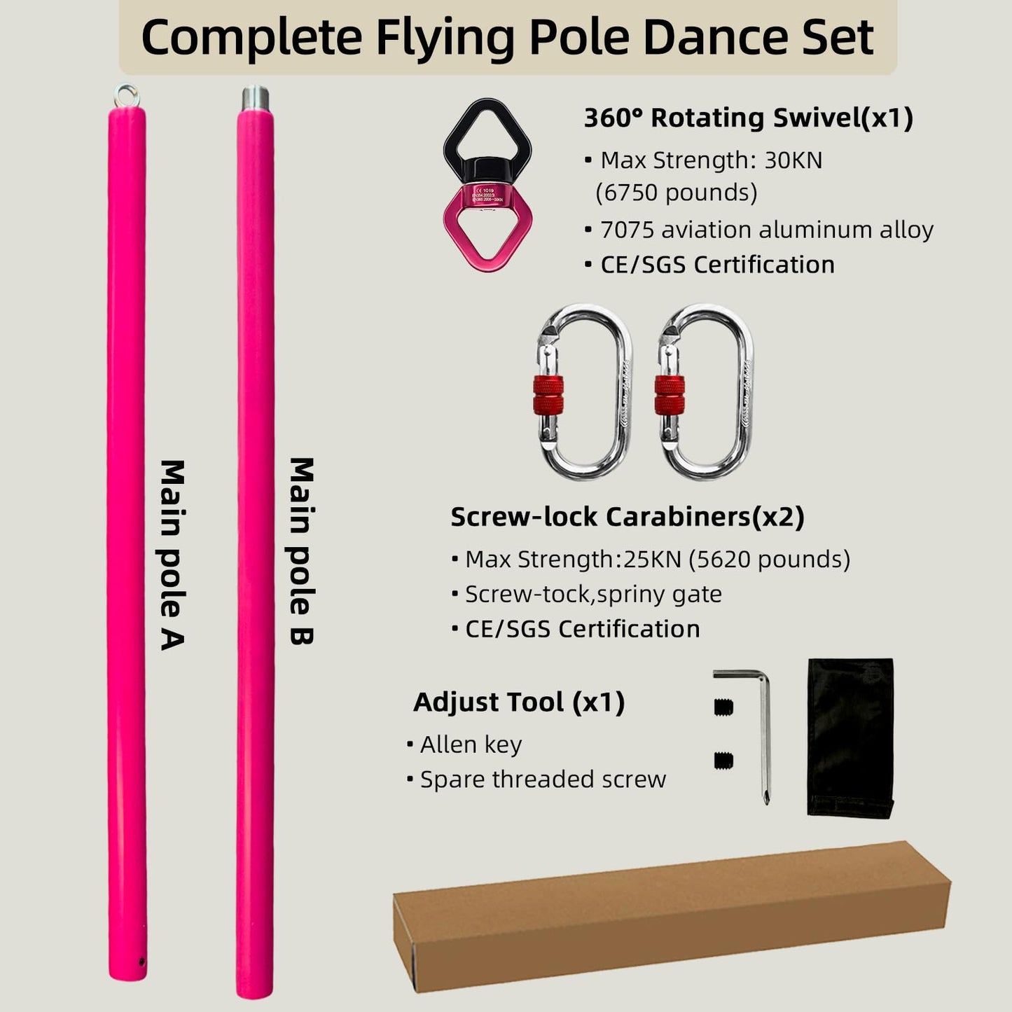 PRIORMAN Silicone Flying Dance Pole Set, 2m/6.56ft 45mm Aerial Pole, SGS CE Certified 9676lbs/4389kg Load, Hanging Kit with 360°Swivel & Carabiners, Heavy Duty Pole for Home Studio Stage,Pink