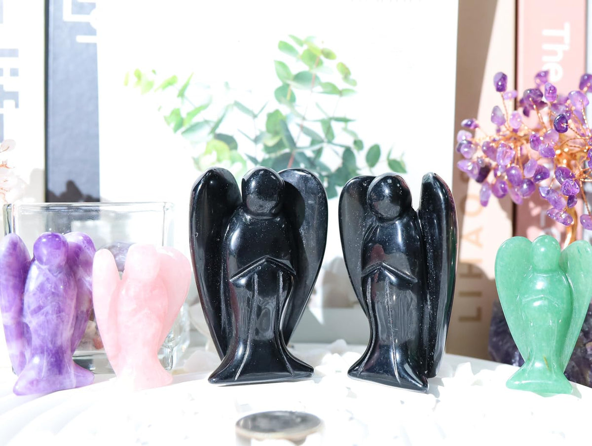 QINJIEJIE 3" Black Obsidian Crystal Angel Decor Healing Peace Angel Stone Figurine Polished Gemstone Guardian Statue Room Desk Office Hand Carved Decorations Energy Gifts for Women & Men