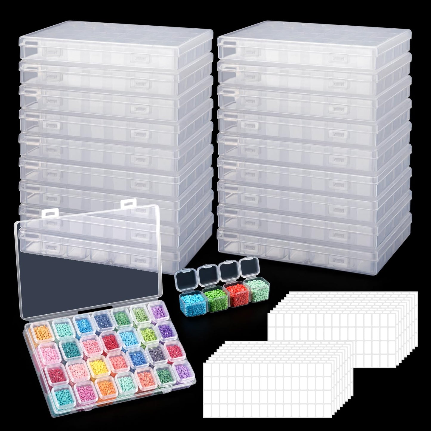 Diamond Painting Boxes Plastic Organizer 18 Pack 28 Grids Bead Storage Containers 504 Slots with 512pcs Label Stickers, Diamond Art, Bead Box, Painting Boxes Plastic Organizer