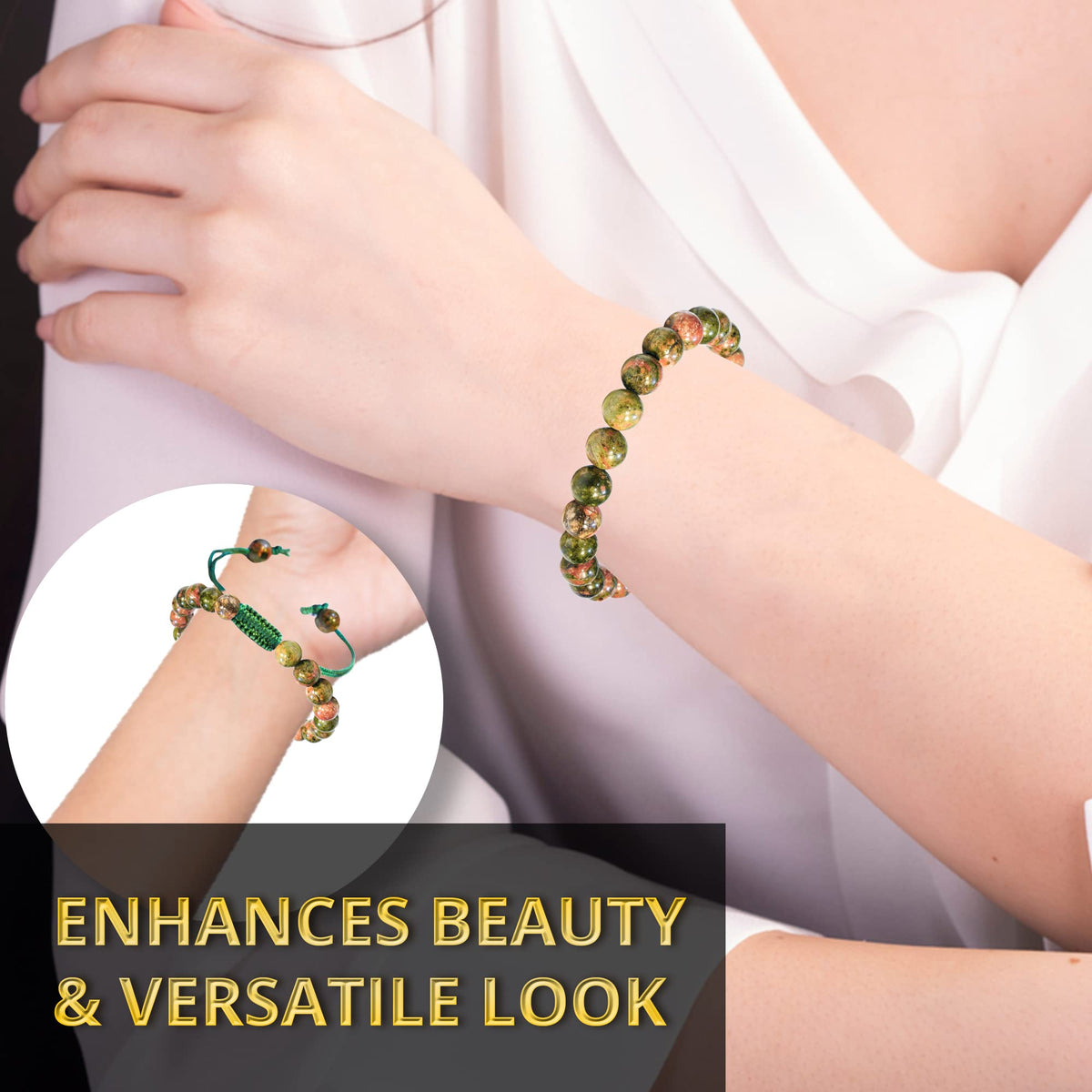 ANAYA AGATE Healing Crystal Bracelet – Chic Gemstone Bracelet for Men and Women – 8mm Round Bead Bracelets for Spiritual Healing, Protection, Positive Energy - Unakite