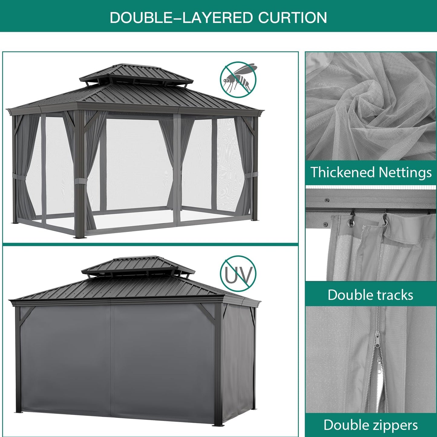 IDEALHOUSE 12x14 ft Hardtop Gazebo with Double Metal Roof, Permanent All-Weather Pavilion with Iron Frame, Netting and Privacy Curtains for Patio, Garden, Black & Gray