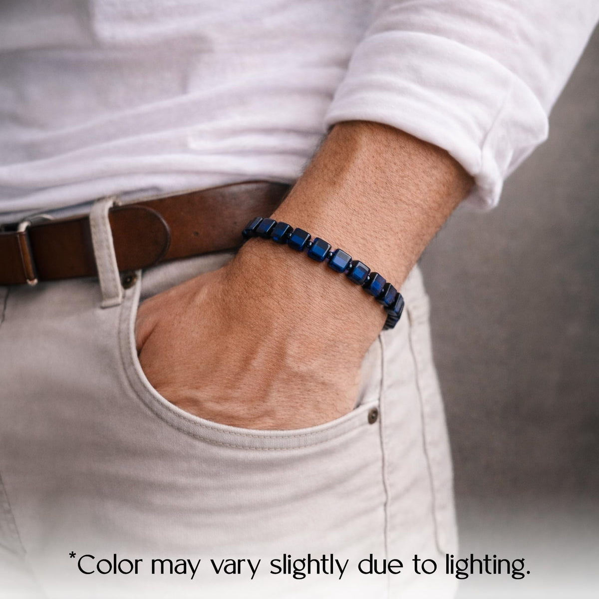 Amber by Mazukna Natural Blue Baltic Amber Bracelet for Women and Men – Stretch Wristband with Polished Cube Beads, Lightweight Unisex Jewelry Gift for Daily and Casual Wear (Blue)