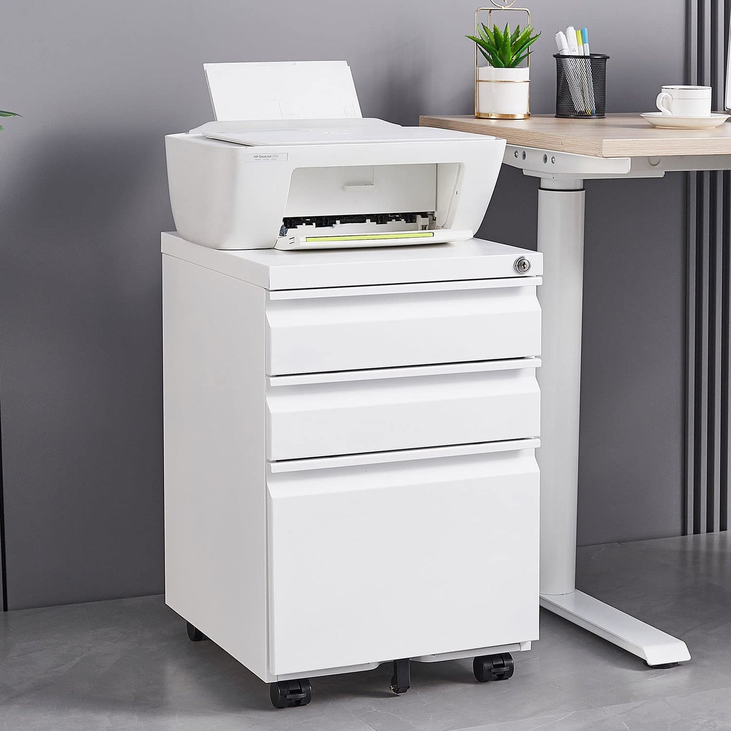 Oasecrilio Filing Cabinet 3 Drawer, Locking File Cabinets for Home Office, Mobile Filing Cabinet for A4/Letter/Legal Size File Folders, Fully Assembled, Matte White