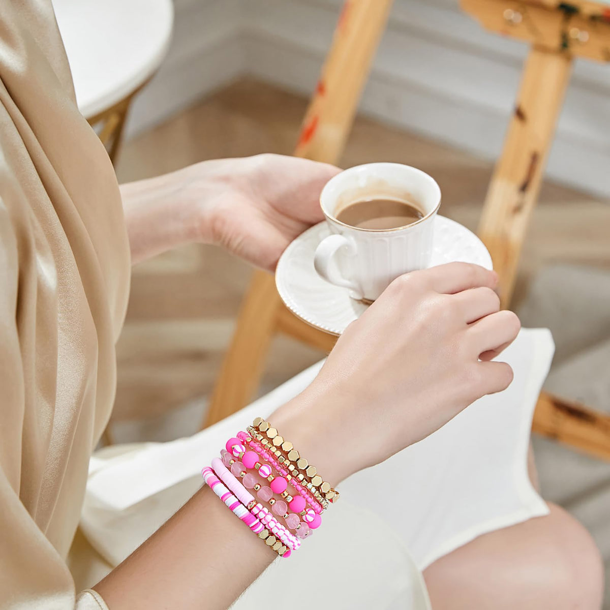GOOJIDS Surfer Heishi Clay Bead Bracelets for Women Bohemian Stackable Gold Plated Beaded Stretch Bracelets Elastic Layering Friendship Bracelets Set Boho Jewelry