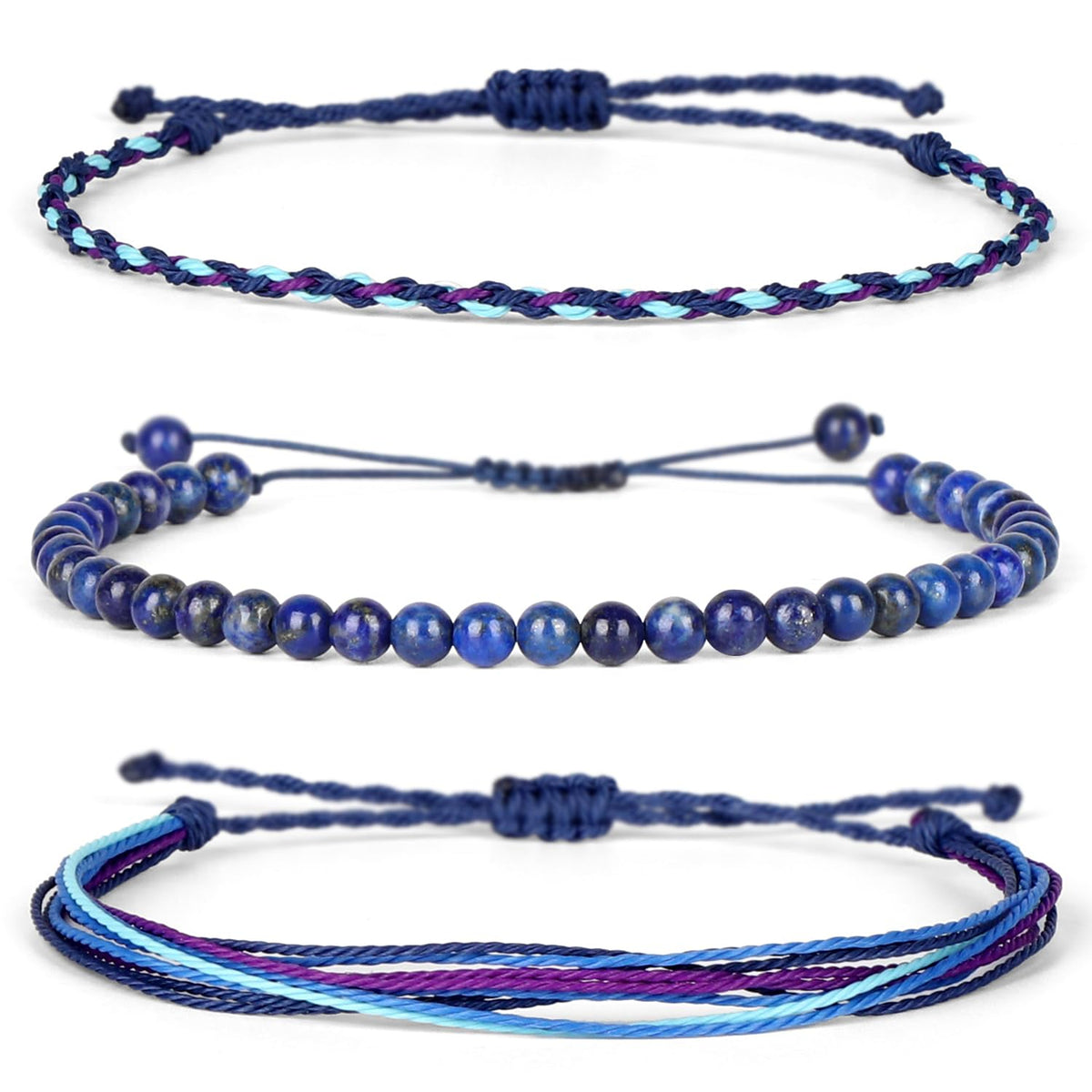 QOGIR Handmade Healing Bracelets for Women,4mm Natural Lapis Lazuli Gem Stone Beads Bracelet,for Men Women Gifts with 2PCS Size Adjustable Rope Bracelets
