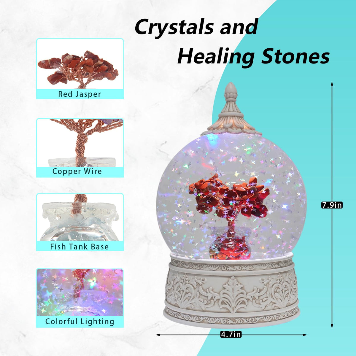 Red Jasper Healing Crystal Tree Globe with Colorful Lights Sparkling Glitter, Natural Gemstone Base, Spiritual Meditation, Positive Energy Good Luck, Home Decor, Birthday Gifts (Red Jasper)