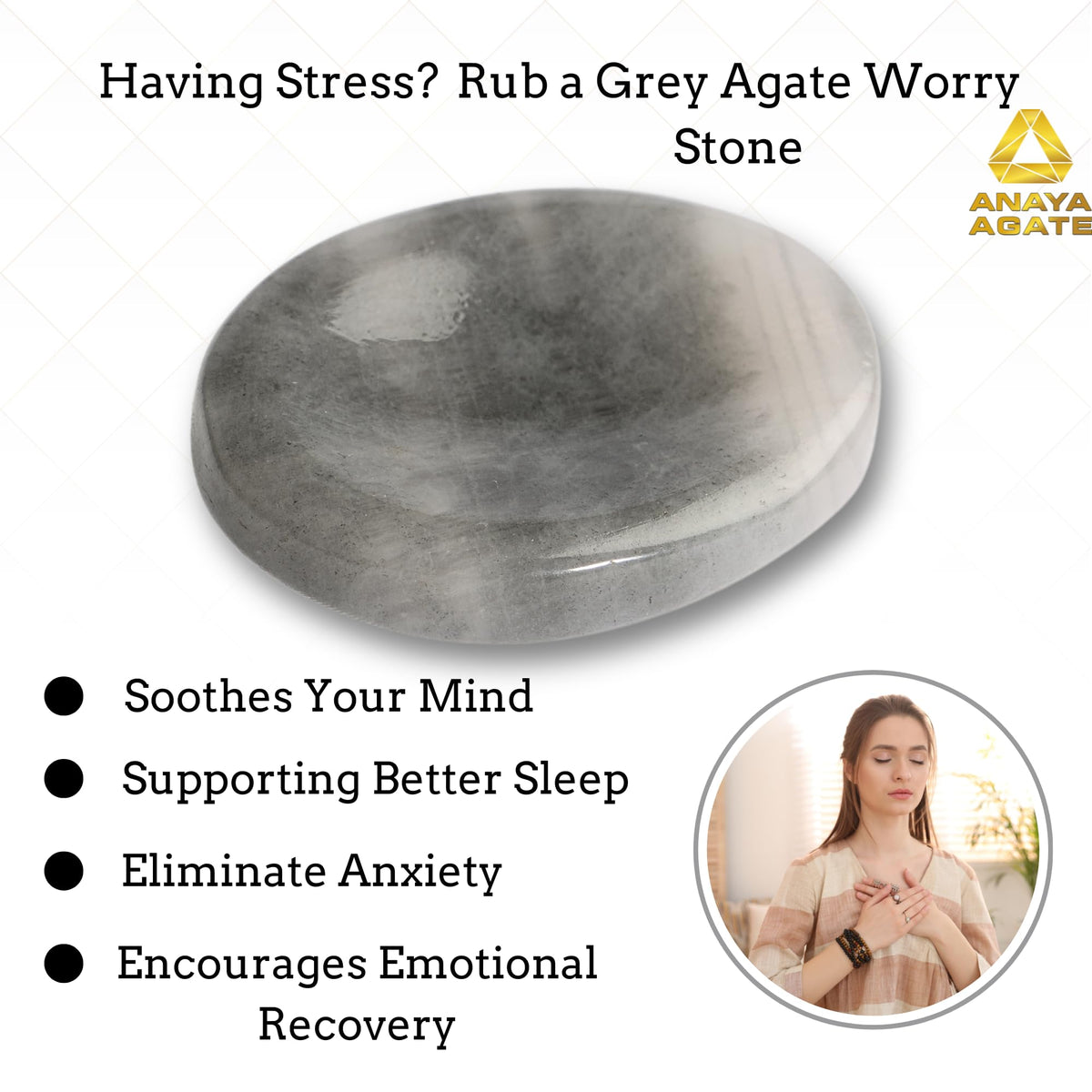 Anaya Agate Gray Agate Worry Stones Certified Crystal Thumb Worry Stone for Anguish, Relaxing and Soothing Balance Stones for Meditation, Stress Relief Crystals and Healing Stones for Men, Women