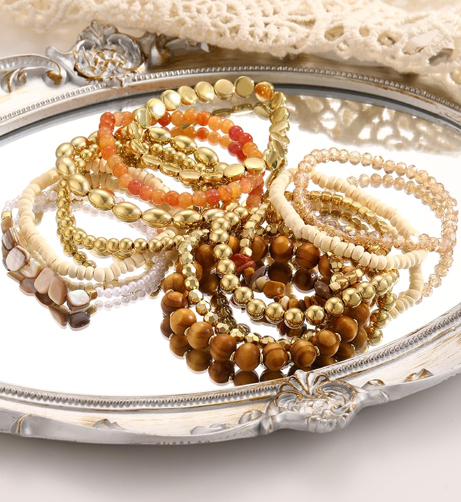 iF YOU 12 Pcs Boho Beaded Bracelets for Women, Brown Bohemian Stackable Gold Bead Stretch Bracelets Stack Beach Jewelry Gift (Brown-12 pcs)