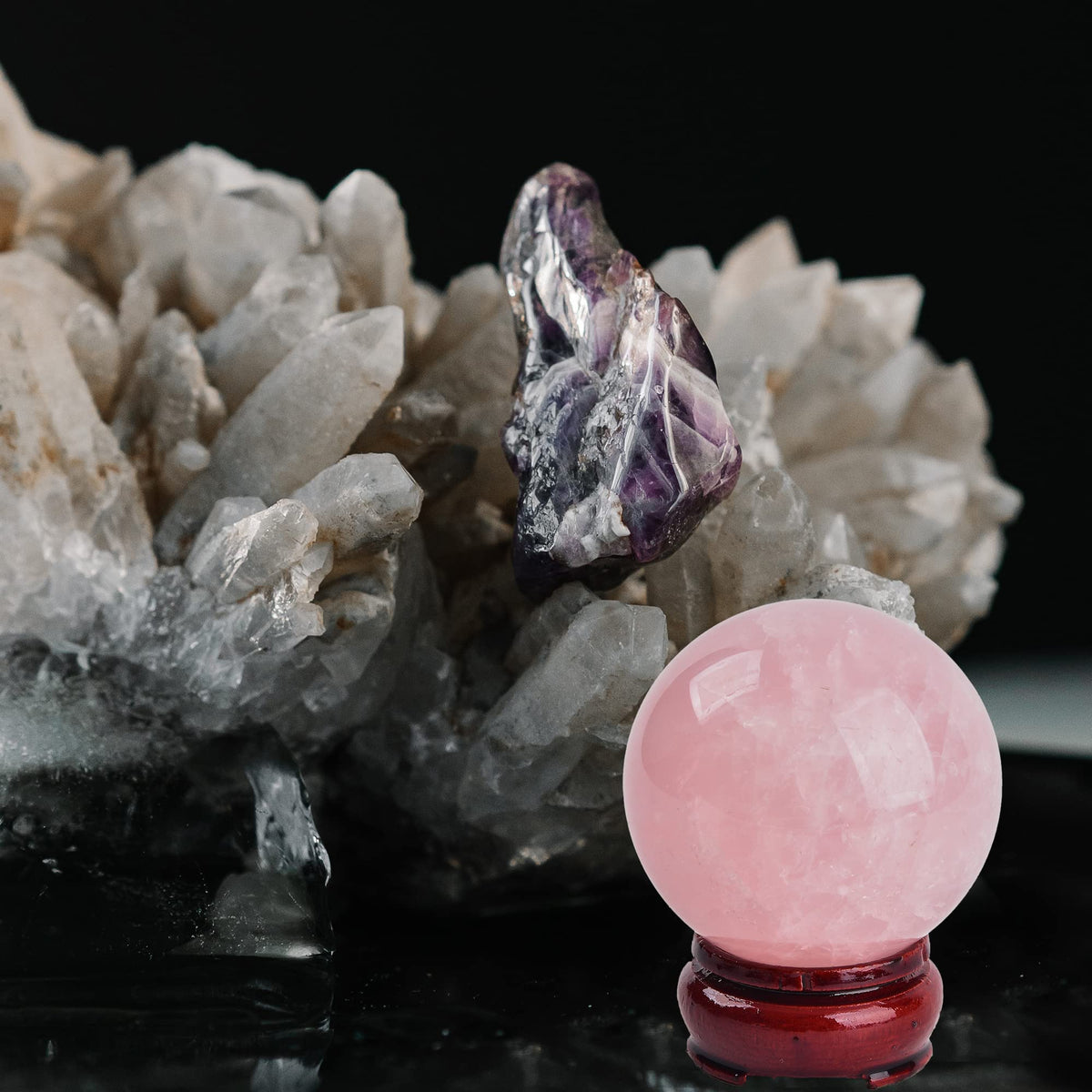JIC Gem 2.9 Inch Natural Pink Rose Quartz Magic Crystal Healing Ball Ornament Sphere with Wood Stand for Decoration,Meditation, Scrying Mirror,Feng Shui.