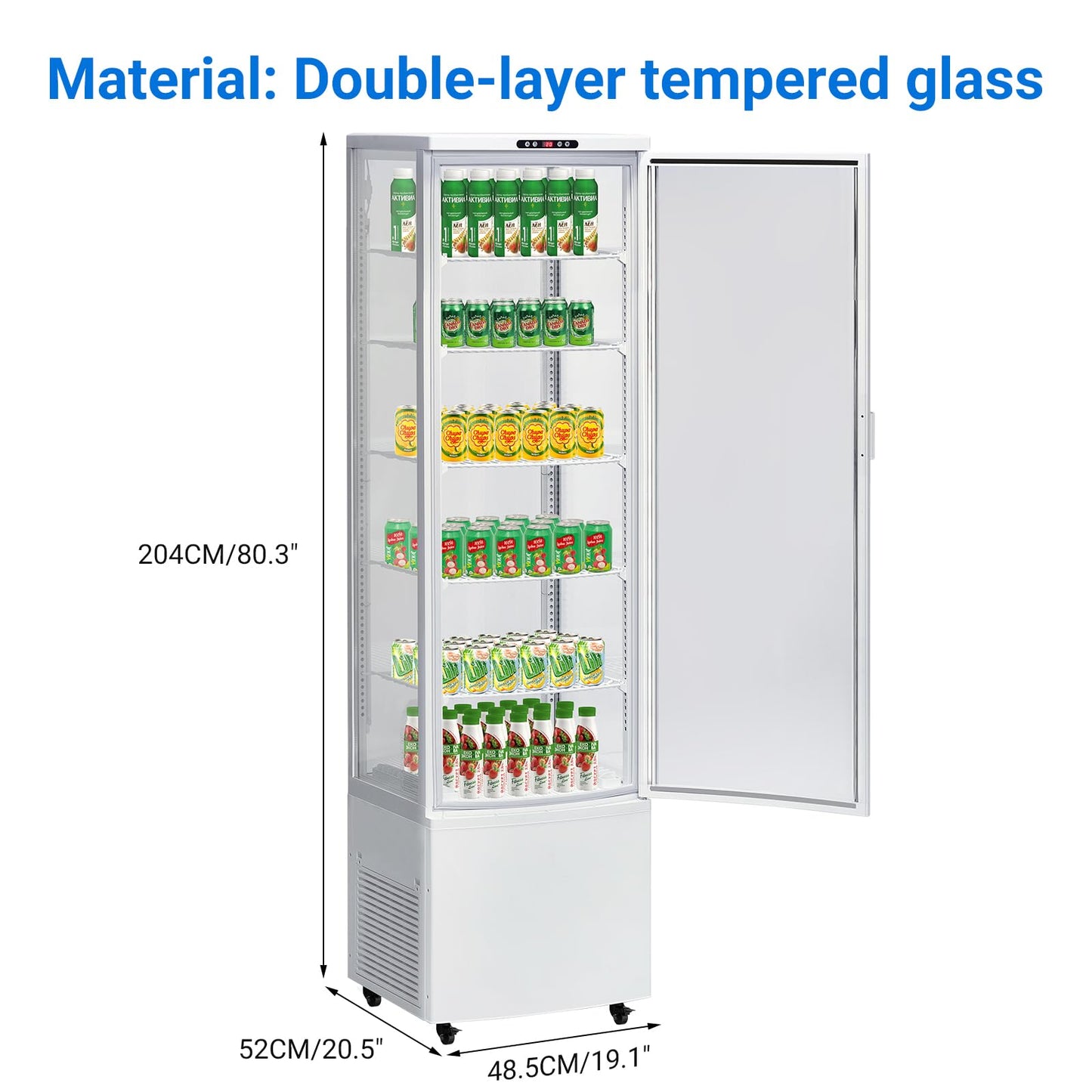 Takywep Commercial Display Refrigerator Case 10.9 Cu.ft, Floor-Standing Display Refrigerator with LED Light & Adjustable Shelves, Fridge Display Cabinet with Casters for Cakes, Coffee, Bakery, Store