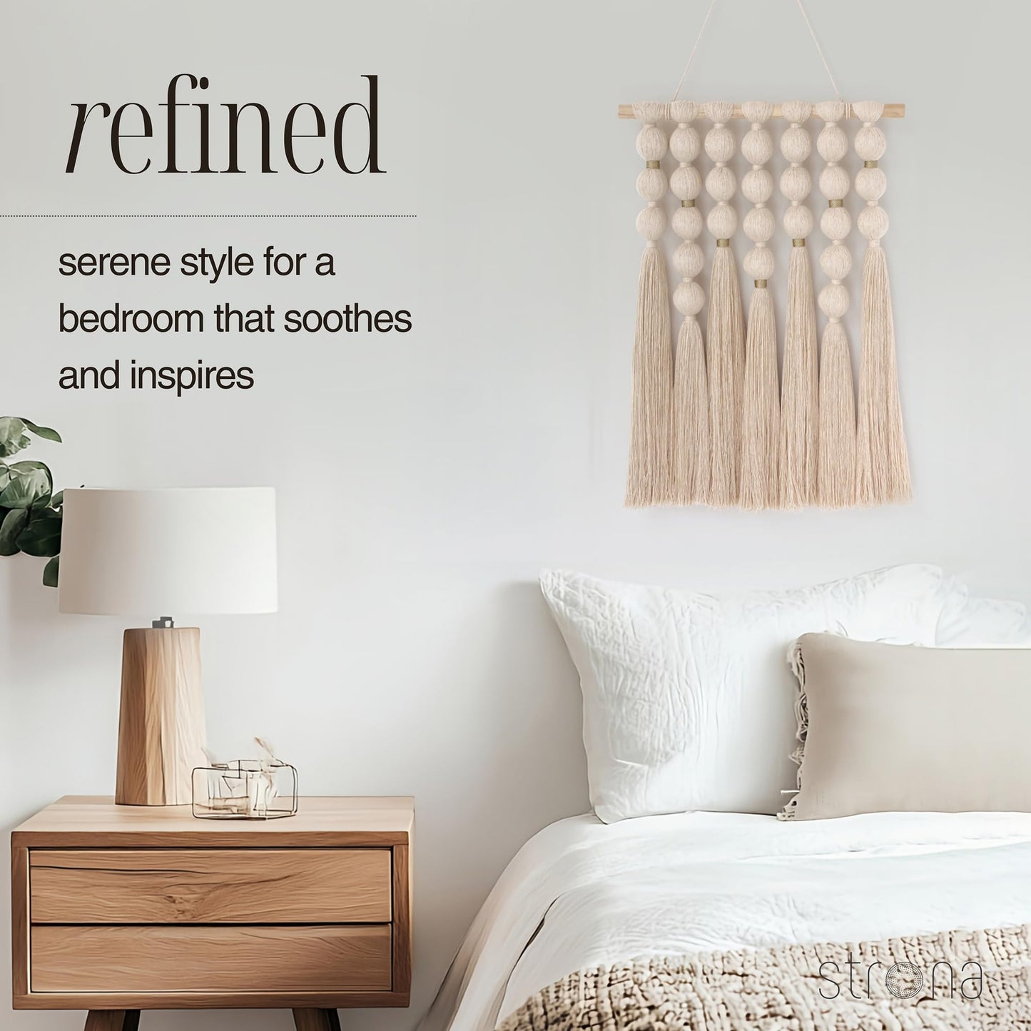 STRONA Handmade Macrame Wall Hanging – 16"W x 23"L Boho Tapestry with Gold Detail, Natural Cotton Macrame Wall Art, Organic Modern Wall Decor for Bedroom, Living Room, Entryway, Artisan Handcrafted in India