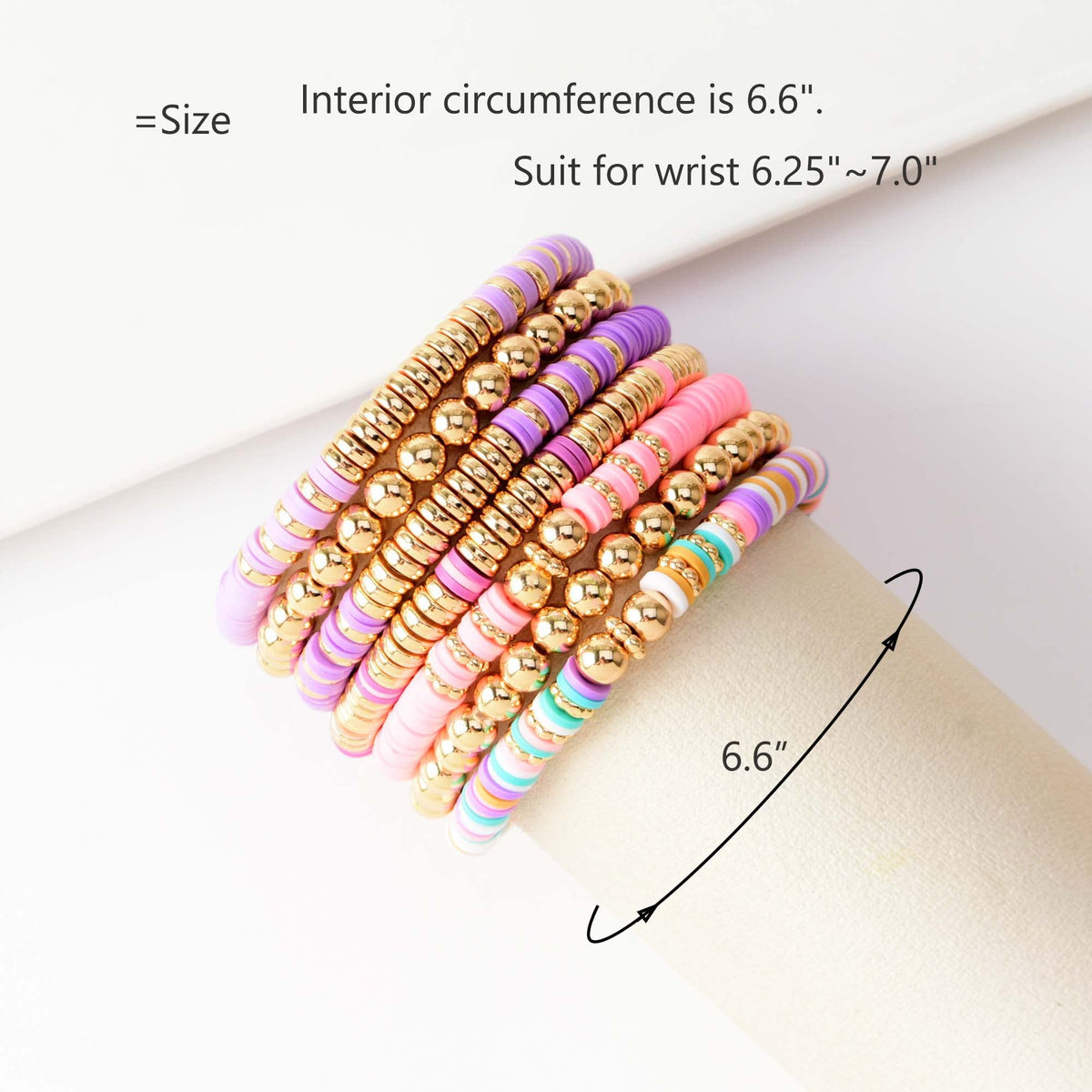 GOOJIDS Surfer Heishi Clay Bead Bracelets for Women Bohemian Stackable Gold Beaded Stretch Bracelets Elastic Layering Friendship Bracelets Set Boho Jewelry (G2-Purple&Pink 7pcs)