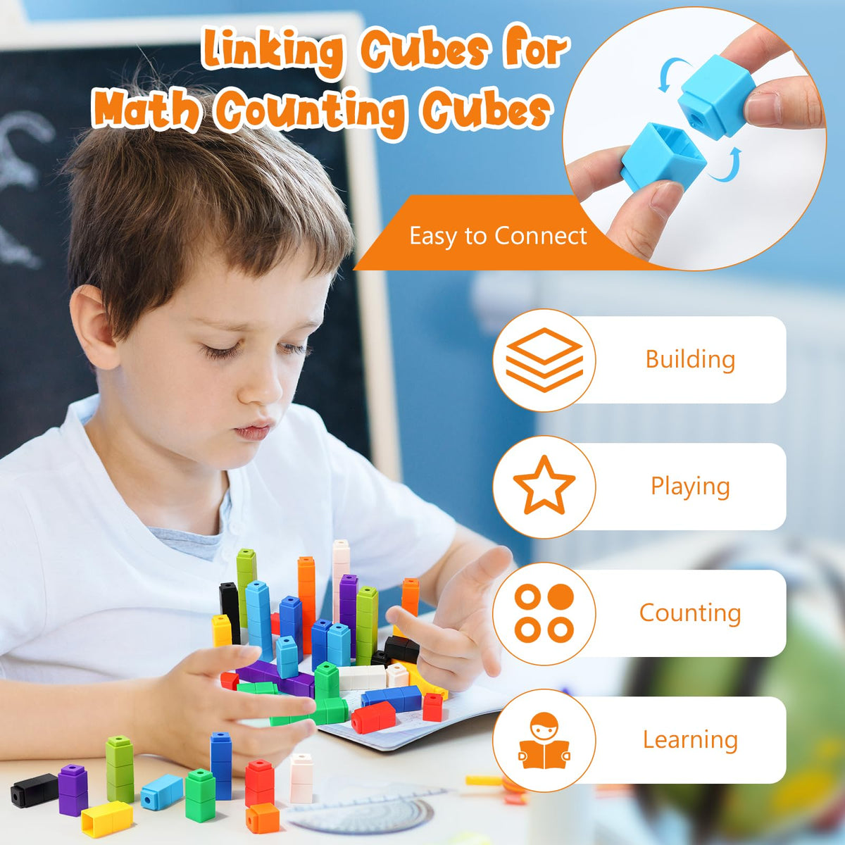 100 Pcs Blue Linking Cubes for Math Counting Cubes Manipulatives Plastic Counting Block Manipulative Classroom Learning Supplies for Educational Preschool Activities Boy Girl (Blue)