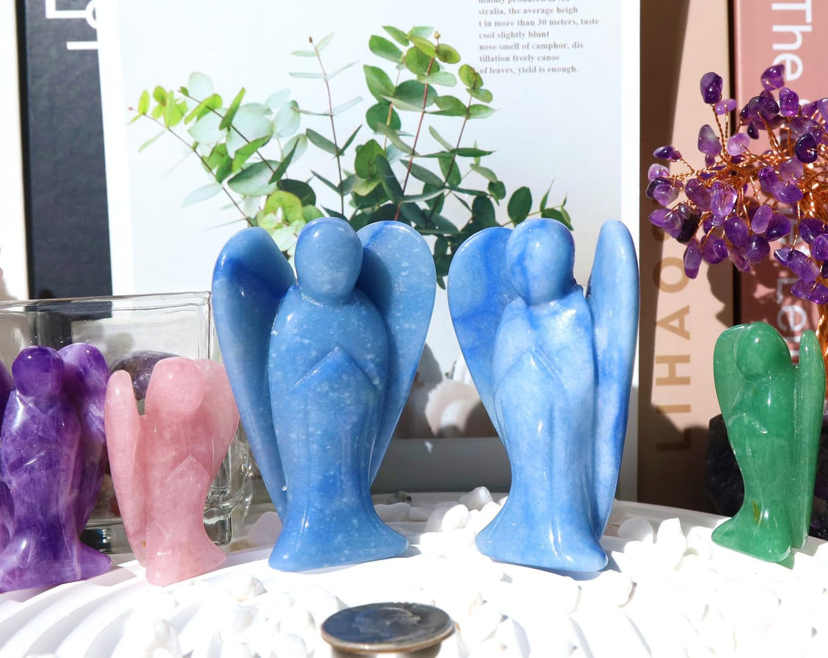 QINJIEJIE 3" Blue Aventurine Crystal Angel Decor Healing Guardian Angel Stone Figurine Natural Gemstone Polished Pocket Big Peace Statue Room Desk Office Decorations Meditation Gift for Women