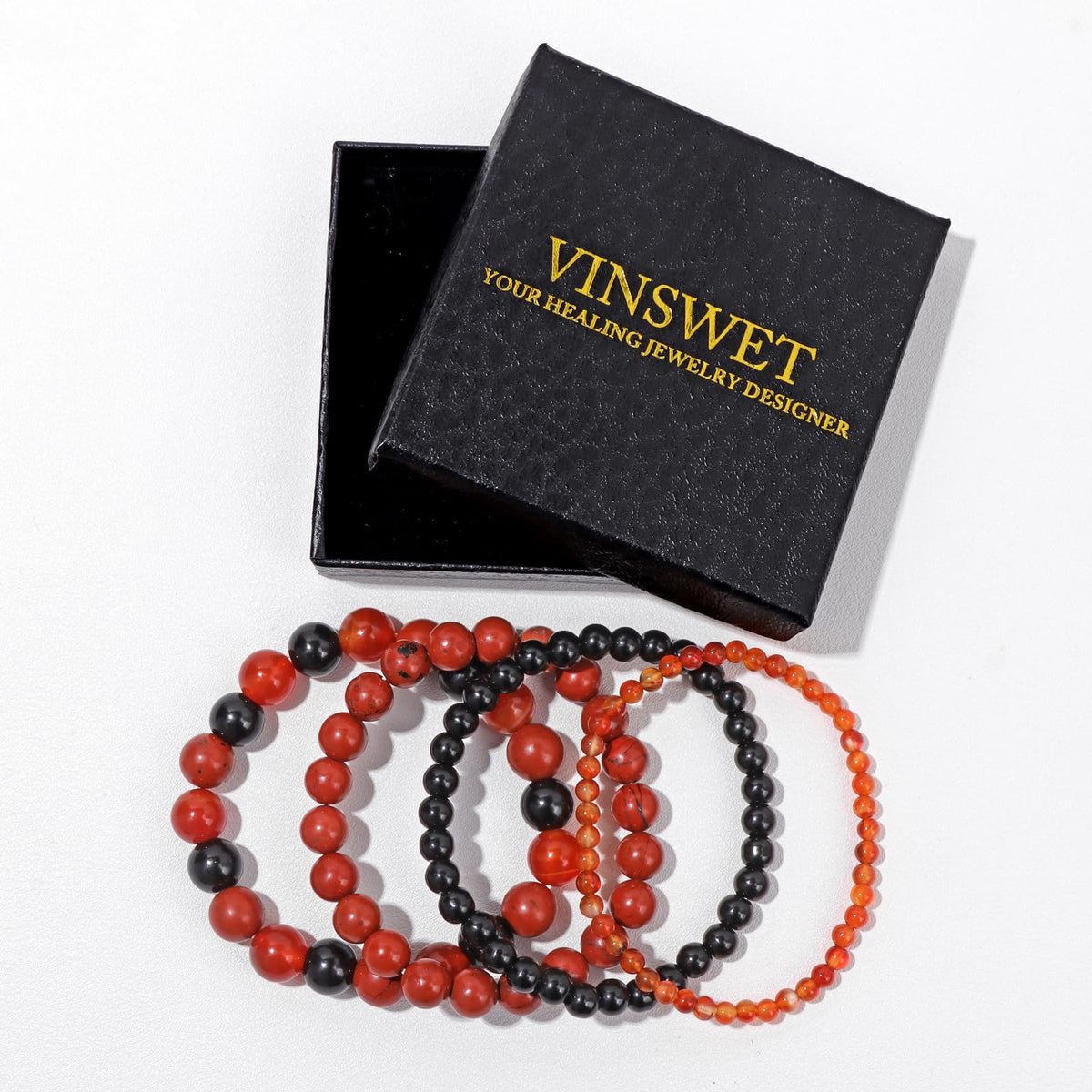 Vinswet 4pcs Natural Stone Beaded Bracelets for Women Men,Healing Crystal Gemstones Stretch Bracelet,4mm 6mm 8mm 10mm Black obsidian Red Jasper Red agate Anxiety Stress Relief Bracelet Jewelry Gifts
