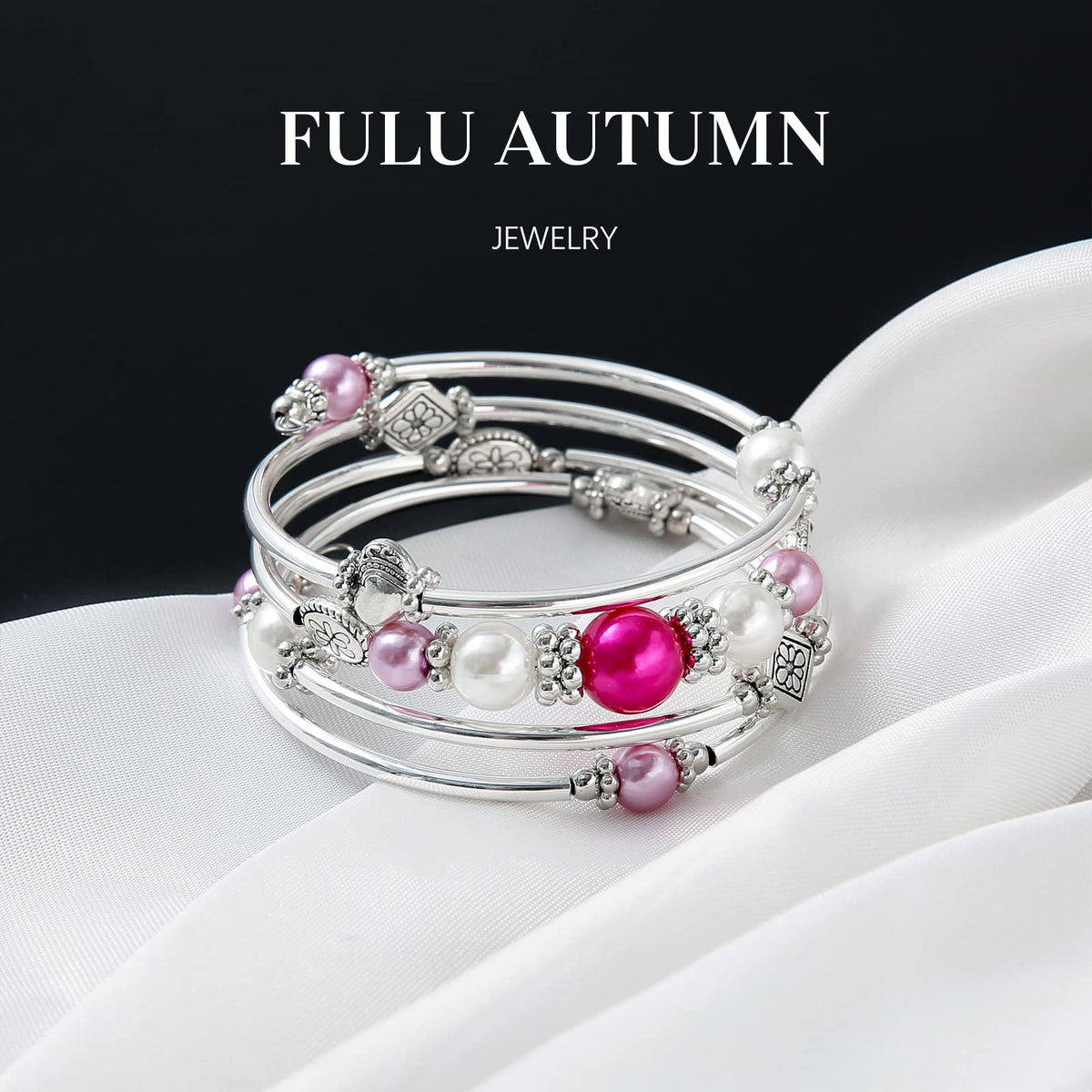FULU AUTUMN Beaded Pearl Bangle Bracelets for Women Silver Wrap Bangles Bracelet Womens Costume Jewelry Fashion Gift(18-Hot pink)