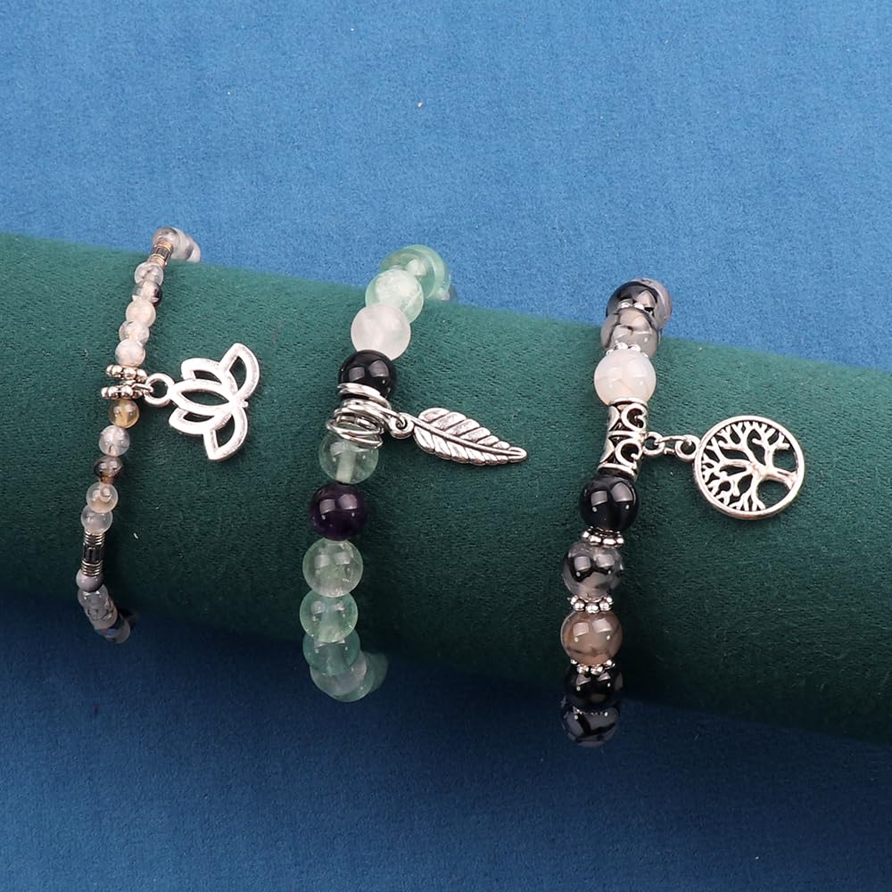 UEUC Tree of Life Yoga Healing Stone Bracelets,Multilayer Lotus Chakra Stone Reiki Bracelet Sets,Anxiety Crystal Natural Stone,for Women Stress Relief(#153)