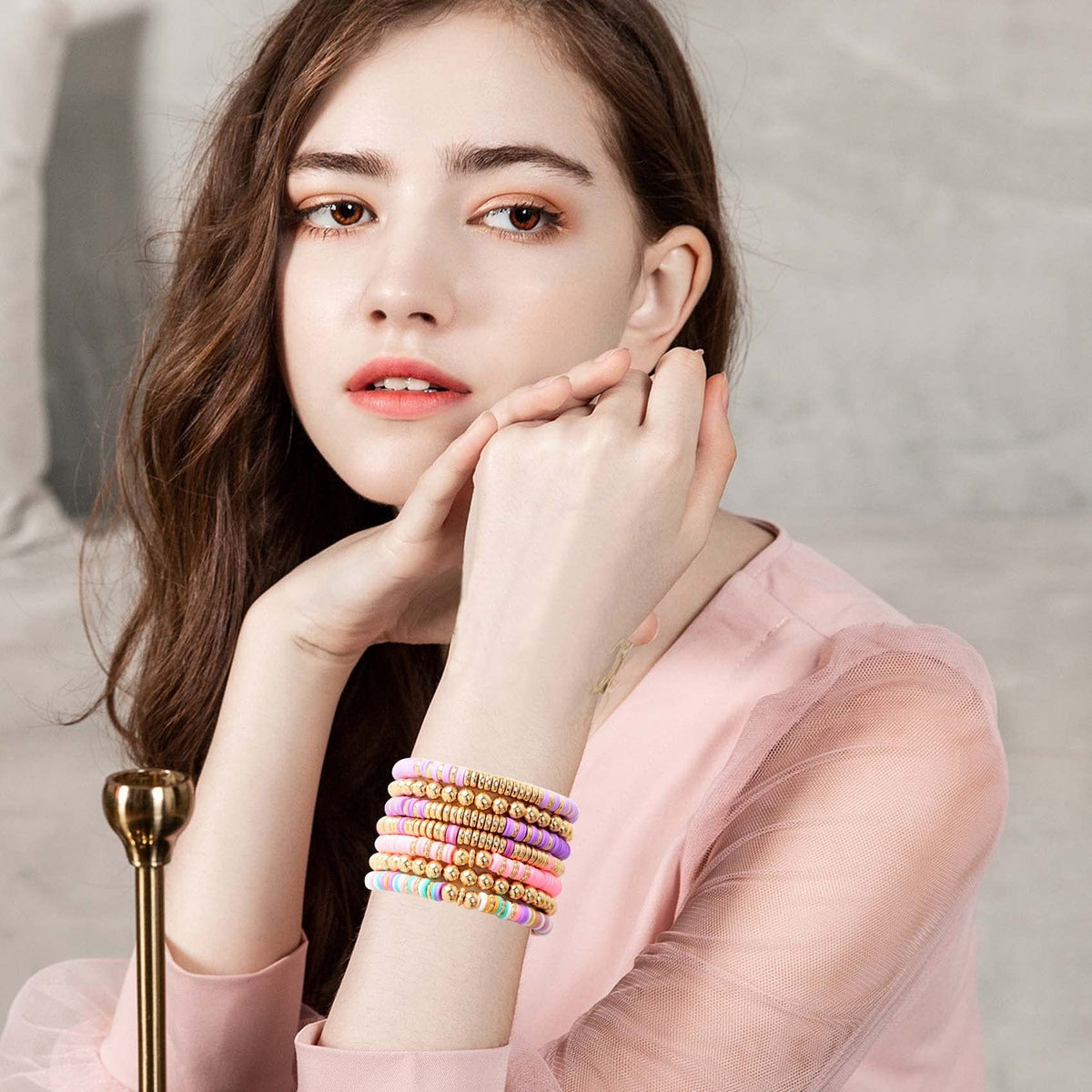GOOJIDS Surfer Heishi Clay Bead Bracelets for Women Bohemian Stackable Gold Beaded Stretch Bracelets Elastic Layering Friendship Bracelets Set Boho Jewelry (G2-Purple&Pink 7pcs)