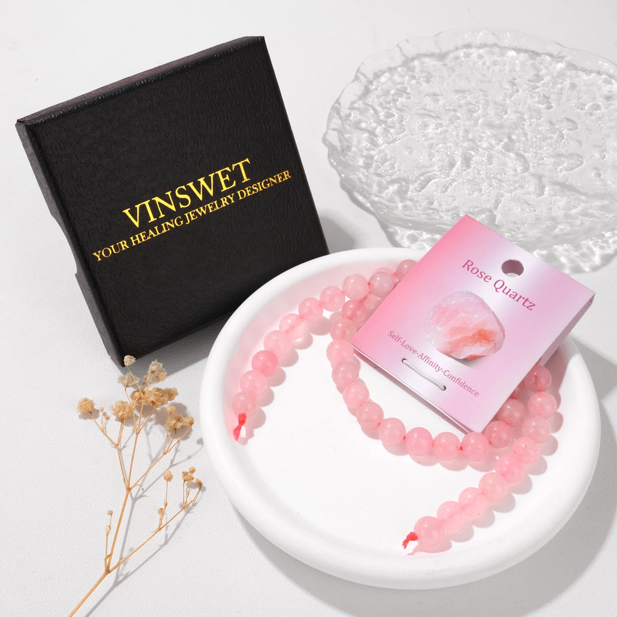 Vinswet 45pcs 8mm Rose Quartz Natural Stone Beads Round Genuine Real Stone Beading Loose Gemstones DIY Smooth Bead for Bracelet Necklace Earrings Jewelry Making