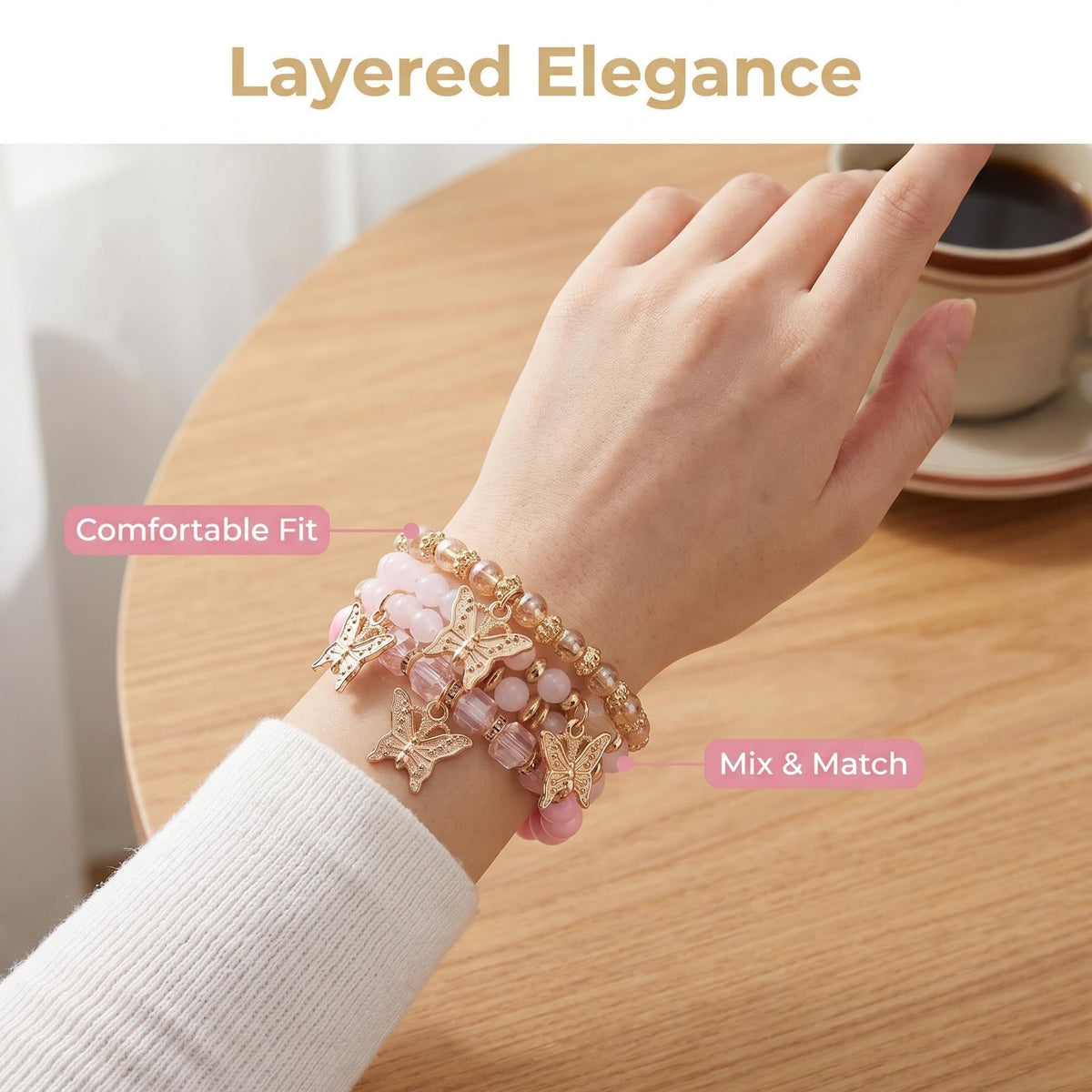 LOTSOF Boho Flower Beaded Bracelet Set for Women - Multilayer Crystal & Flower Charm Stackable Bracelets, Fashion Jewelry Gift for Her (Pink Butterfly)