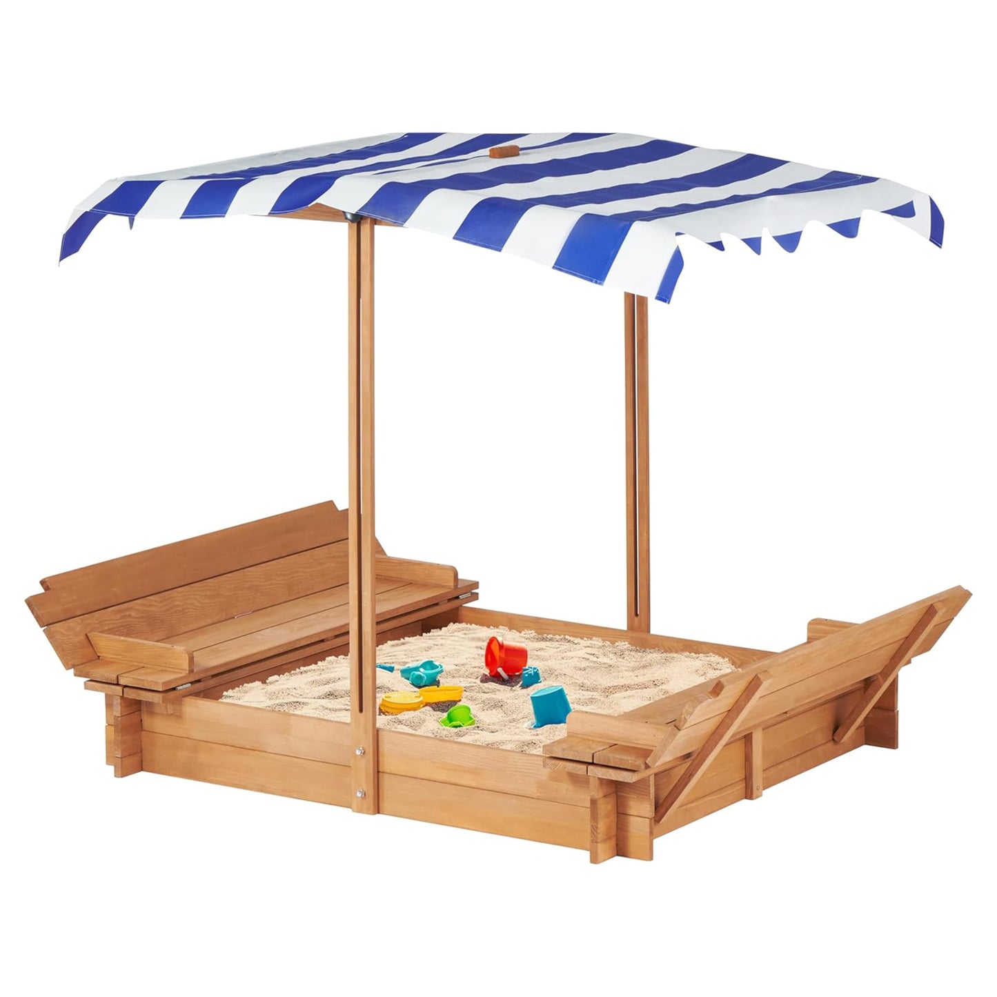Kids Sandbox with Adjustable Canopy & 2 Foldable Seats, 46'' Wooden Sand Box with Cover, Outdoor Sandpit for Backyard Play
