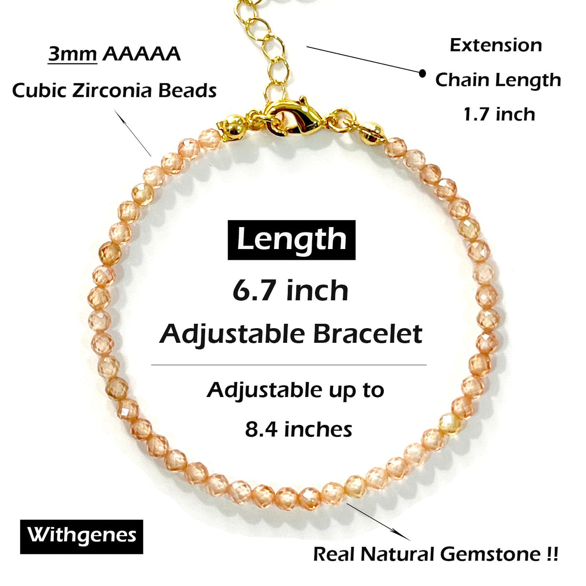Withgenes Sparkly Champagne Gold Bracelet Exquisite Elegance CZ Crystal Gemstone Bead Bracelets 18K Plated Simple Jewelry Unique Present for Women