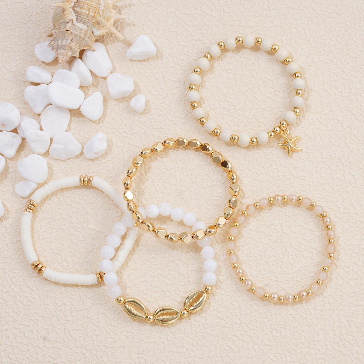GOOJIDS Surfer Heishi Clay Bead Bracelets for Women Starfish Stackable Gold Plated Beaded Stretch Bracelets Elastic Layering Friendship Bracelets Set Jewelry