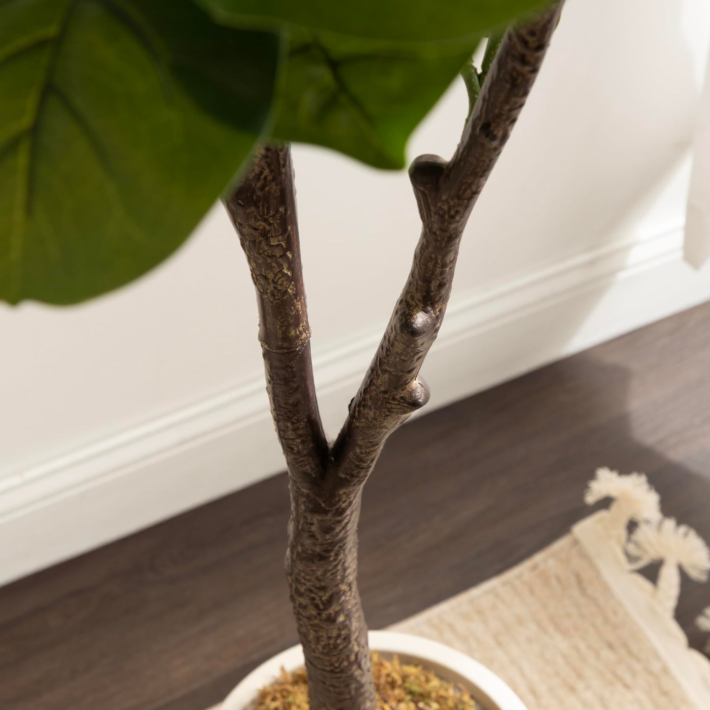 Kate and Laurel Fidmont Faux Fiddle Fig Tree with Claudel Scalloped Planter Pot, 6 FT, White, Potted Artificial Tree Indoor with Realistic Foliage and Added Moss, Fake Plant for Living Room Decor