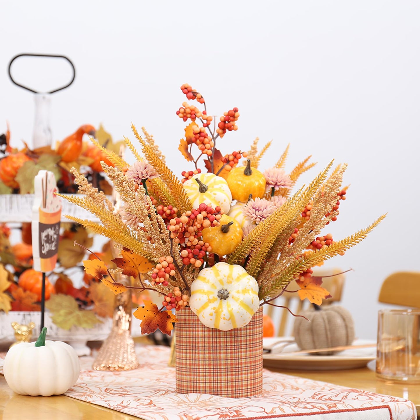 SY Super Bang Fall Decor, 12" Artificial Yellow/White Pumpkin Berry Maple Tree Table Decorations, for Autumn Halloween Thanksgiving Home Farmhouse Harvest Holiday Party Centerpieces Decor.