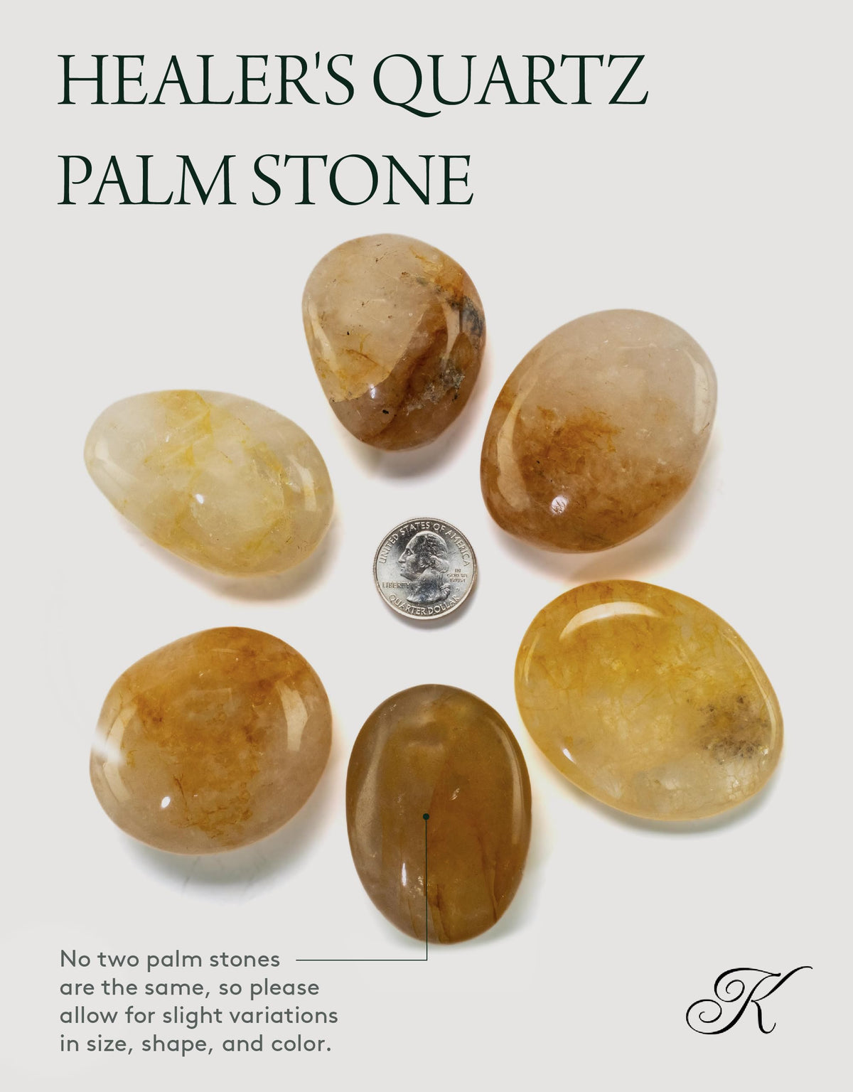 KALIFANO Golden Healer's Quartz Palm Stone with Healing & Calming Effects - AAA Grade High Energy Hematoid Cuarzo Worry Stone with Information Card - Reiki Hematite Crystal Used for Clarity