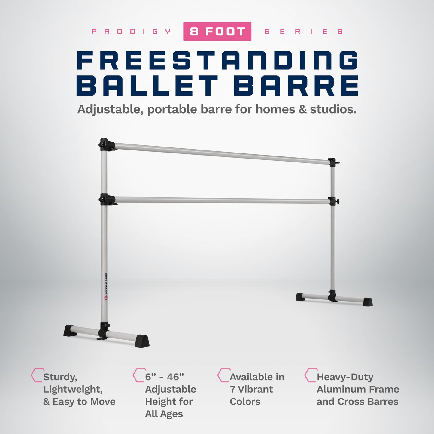 VITA Barre Portable Freestanding Double Ballet Barre, Prodigy, 8 Ft Bars, Satin Silver | Adjustable Height, USA Made, Home or Gym Exercise Equipment for Kids & Adults | Dance, Fitness, Pilates