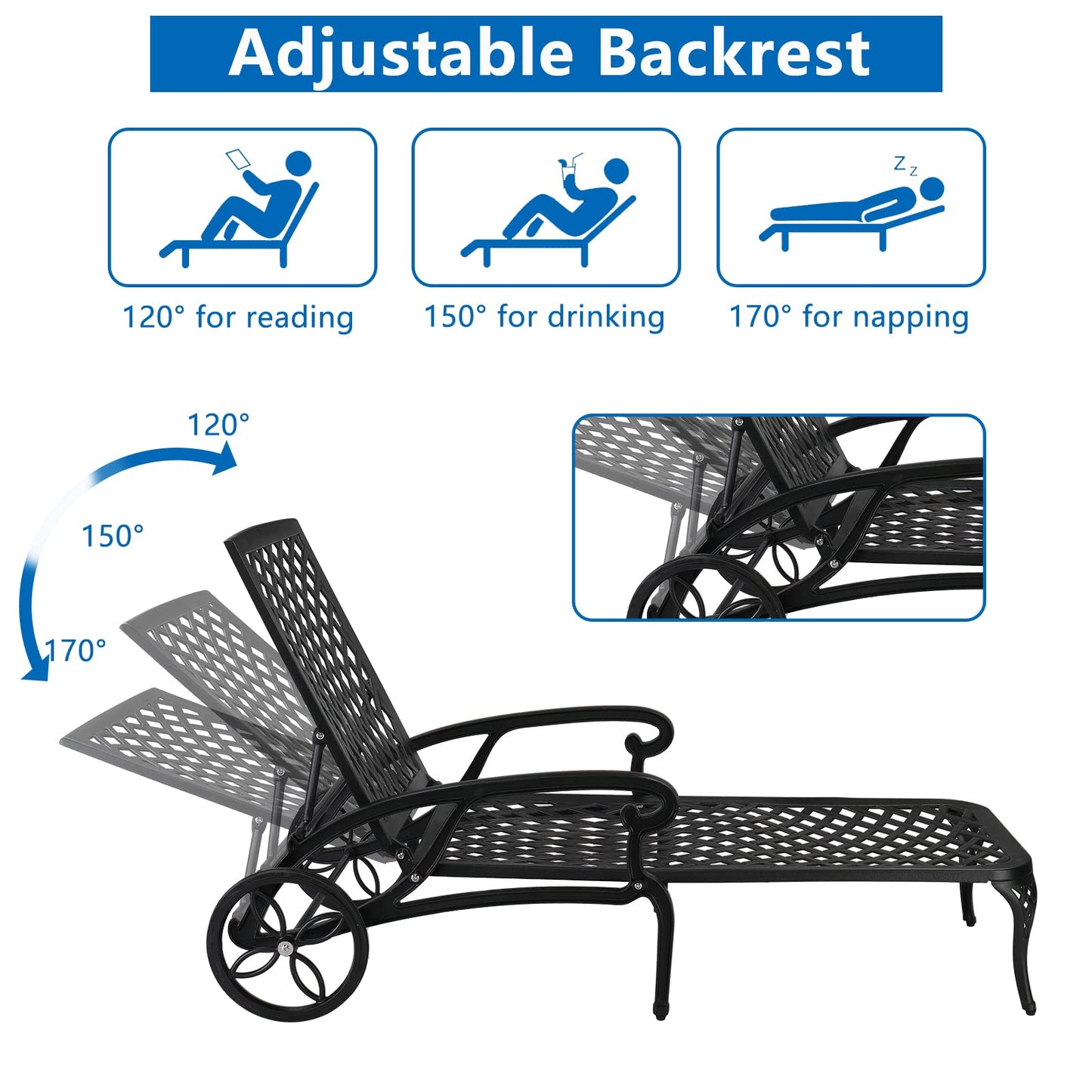 VINGLI Cast Aluminum Outdoor Chaise Lounge Chair with Wheels, Patio Chaise Lounges with 3-Position Adjustable Backrest, Pool Lounge Chair Reclining Chairs for Poolside Tanning (1, Black)