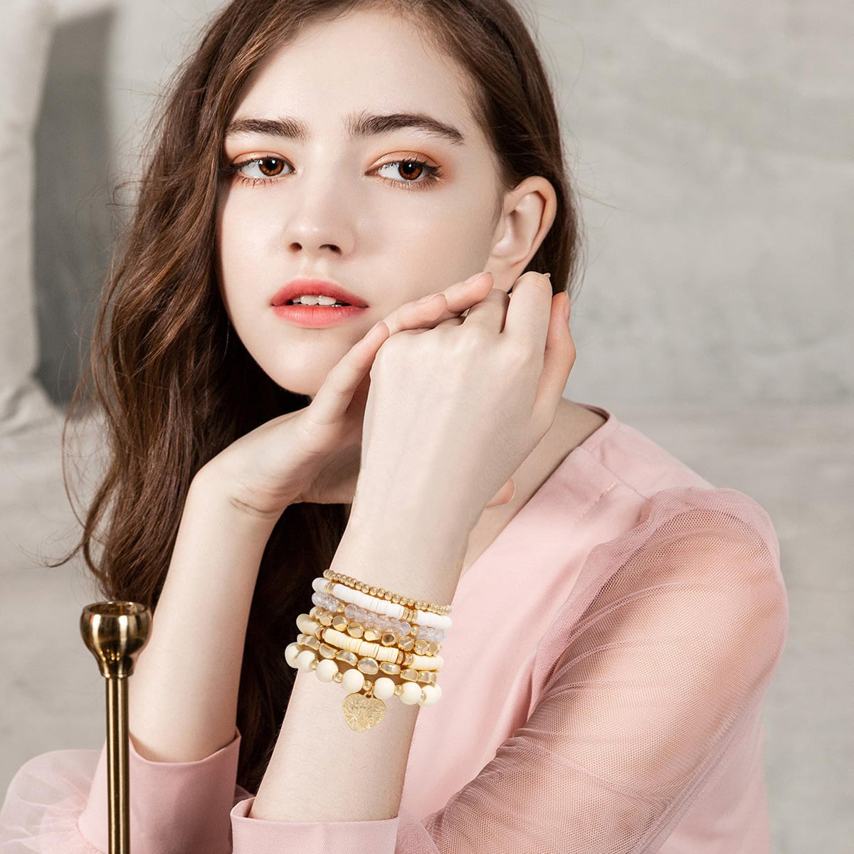 GOOJIDS Surfer Heishi Clay Bead Bracelets for Women Bohemian Stackable Gold Plated Beaded Stretch Bracelets Elastic Layering Friendship Bracelets Set Boho Jewelry