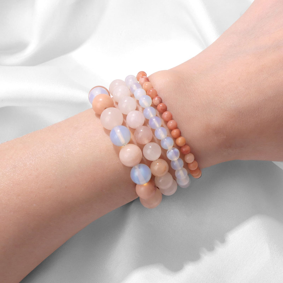 Vinswet 4pcs Natural Stone Beaded Bracelets for Women Men,Healing Crystal Gemstones Stretch Bracelet,4mm 6mm 8mm 10mm Pink aventurine Crystal Opal Anxiety Stress Relief Bracelet Jewelry Gifts