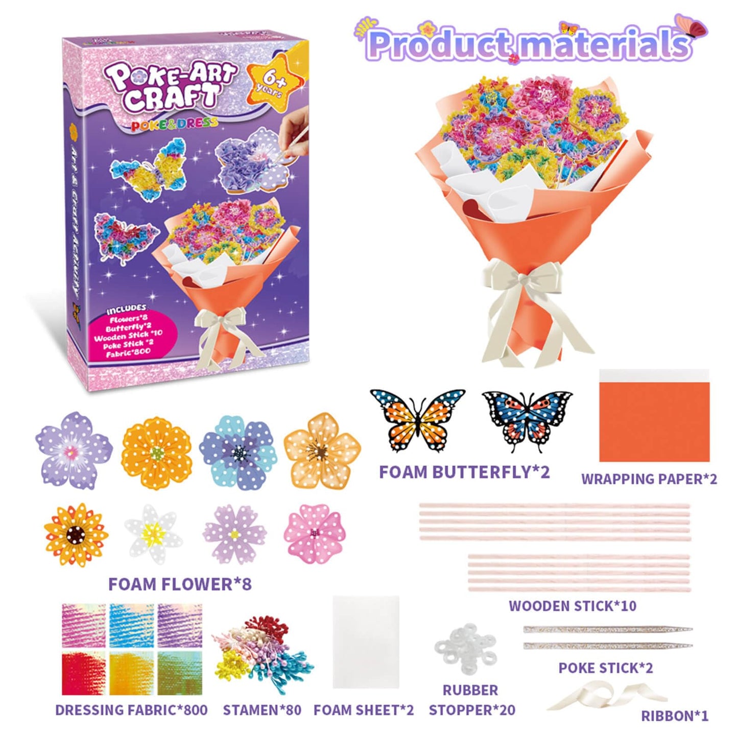 Britik Arts and Crafts for Kids Ages 8-12: Poke in Fun Art Kits for Girls, Poke Art Flower Bouquet Craft Kit, Fabric Arts for Kids DIY Flower Bouquet Kit Birthday Gift for Girls 8 9 10 11 12, Orange
