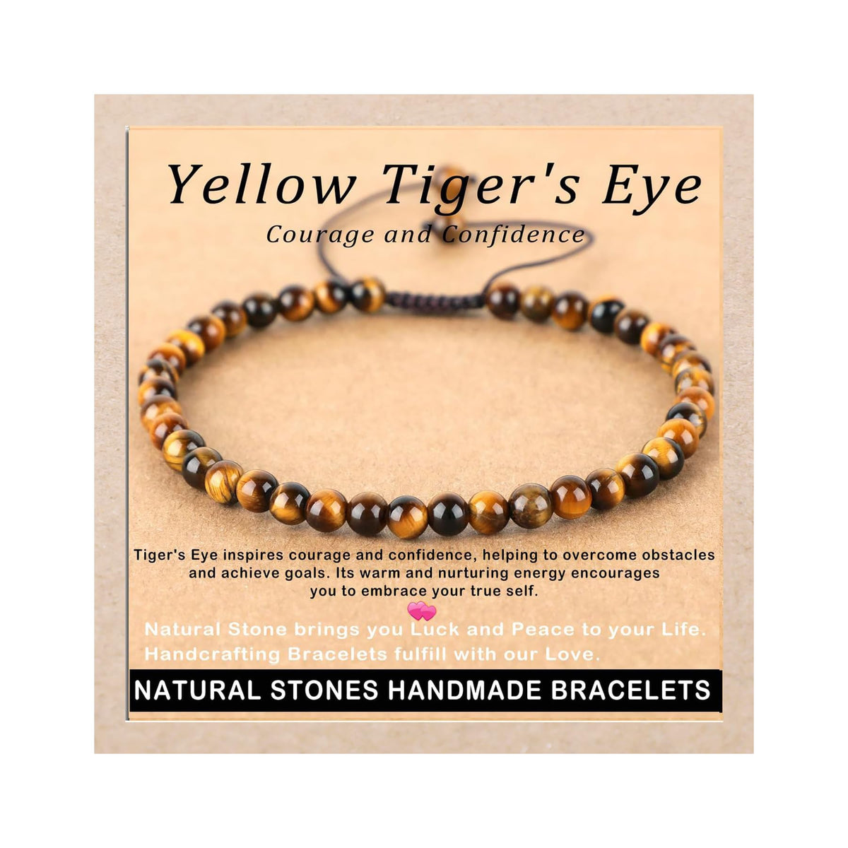 AD Beads 4mm Yellow Tiger's Eye - Courage and Confidence - Handmade Natural Stone Crystal Bracelet with Adjustable Macrame String - Yoga Healing Power Energy Gifts for Men and Women