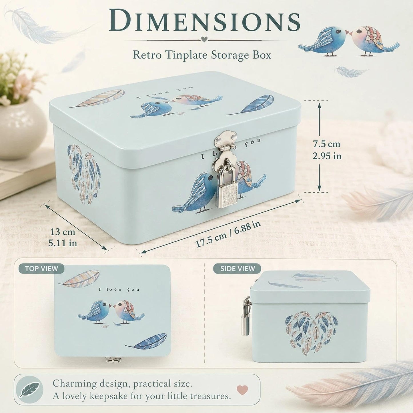 LOGOFUN Retro Style Rectangle Tinplate Storage Box with Padlock Two Birds Pattern Small Metal Keepsake Container Tin Case for Kids Girls Boys Gifts