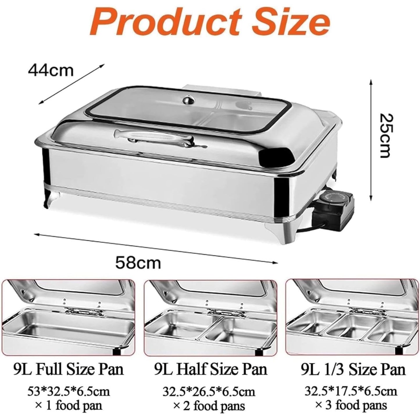 Stainless Steel Electric Chafing Dish with Clear Lid, Commercial Grade Food Warmer for Home Kitchen, Hotel, Banquet, Family Gatherings, Party Serving Tray