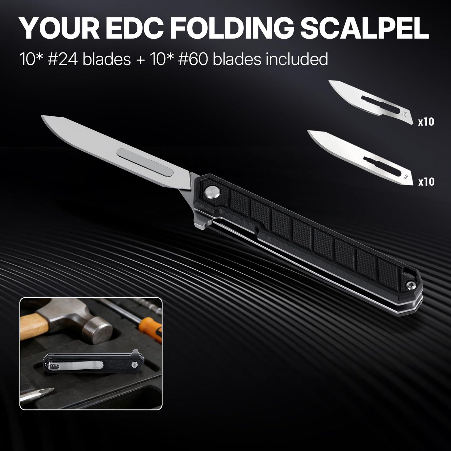 Tops Home Mini Folding Scalpel – Slim G10 Handle with Back Clip, Liner Lock Pocket Knife for Crafts, Utility Box Cutter, Includes 20 Replaceable Blades (#24 & #60) (Black)