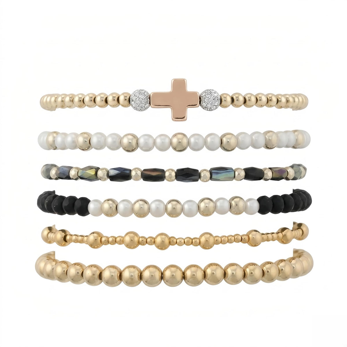 NoctisNest 6 Pcs Layered Cross Bracelet for Women, Black Gold Stackable Pearl Beaded Bracelets for Her Mom Girlfriend, Dainty 14K Gold Plated Bracelet Set for Mothers Day Gifts