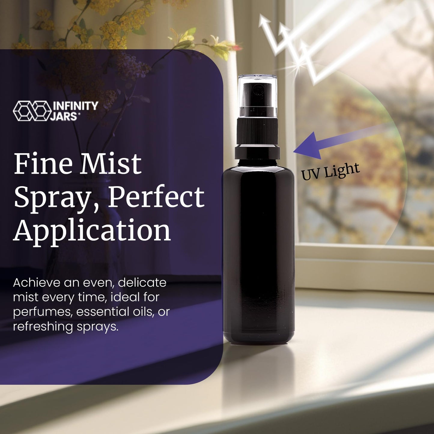 Infinity Jars 100 Ml (3.4 fl oz) Black Ultraviolet Glass Fine Mist Spray Bottle Cleaning Products Refillable Containers Homemade Perfume Blends Room, Sprays Bath Beauty Hair, Screw Top Bottles