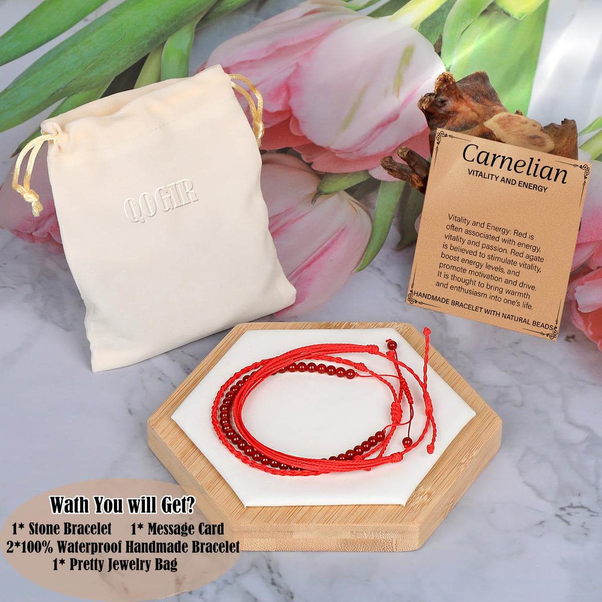 QOGIR Handmade Healing Stones Bracelet,4mm Natural Carnelian Gemstone Beads Bracelet, for Men Women Gifts with 2PCS Size Adjustable Rope Bracelets