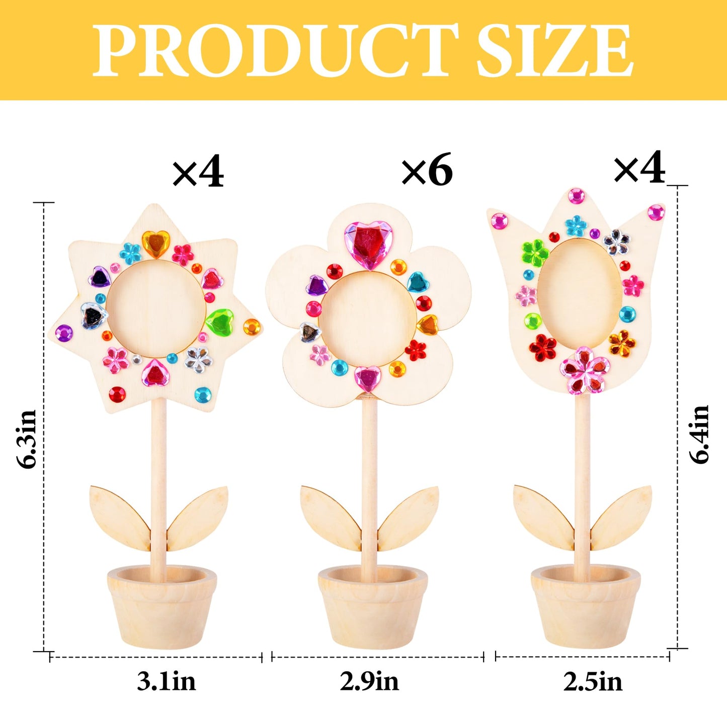 14 Sets DIY Paintable Wood Flowers Photo Holders, Mother's Day Crafts Wooden Flower Picture Frames, Spring Flower Pot Unfinished Wood Ornament with Gems Stickers for Painting Mothers Day Birthday Gift