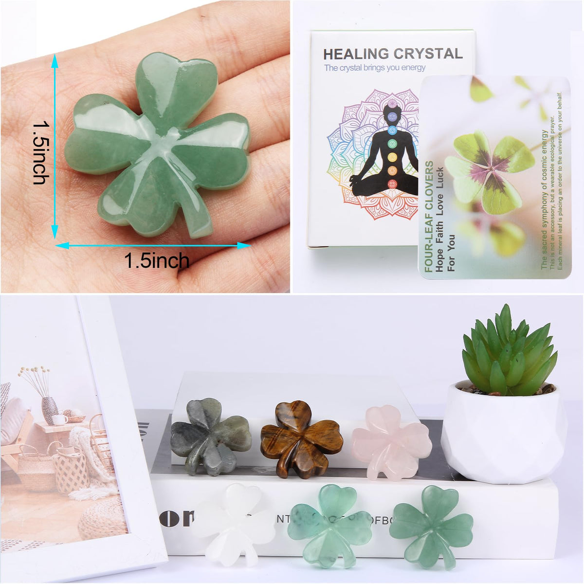 Hguxmcu Natural Green Aventurine Four Leaf Clover - Feng Shui Lucky Crystal for Love Positivity, Polished Healing Stone Decor, Birthday Gift for Her Gift for Women Men