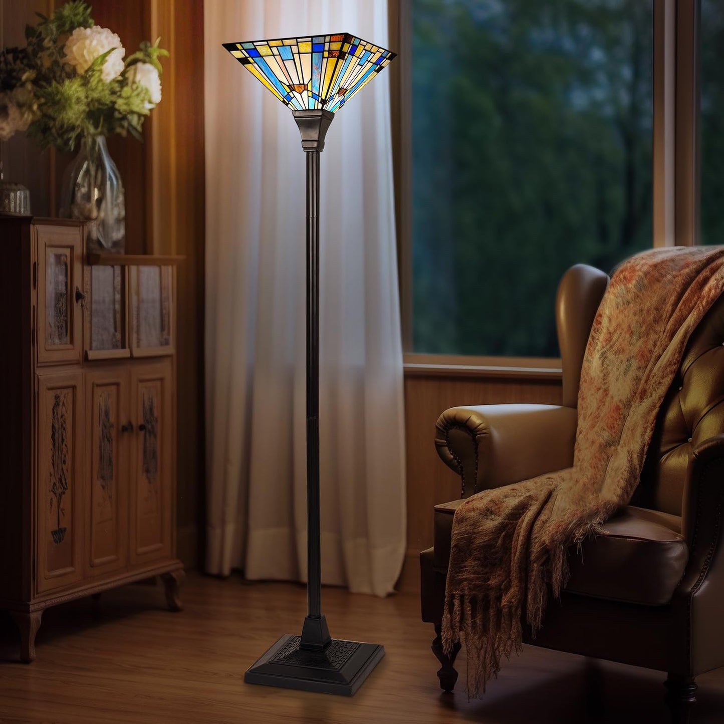 Capulina Tiffany Lamp Stained Glass Torchiere Floor Lamp 70 Inches Tall Industrial Pole Green Blue Rustic Tiffany Style Torch Standing Lamp Decor for Living Room Bedroom Farmhouse Home Office