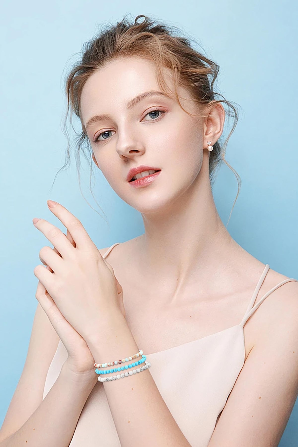 NCB 3-Piece 4mm Natural Crystal Gemstone Stretch Bracelets – ﻿Agalmatolite Jasper, Blue Turquoise, Howlite Handmade Reiki Energy Healing Jewelry for Meditation,Yoga, Unisex