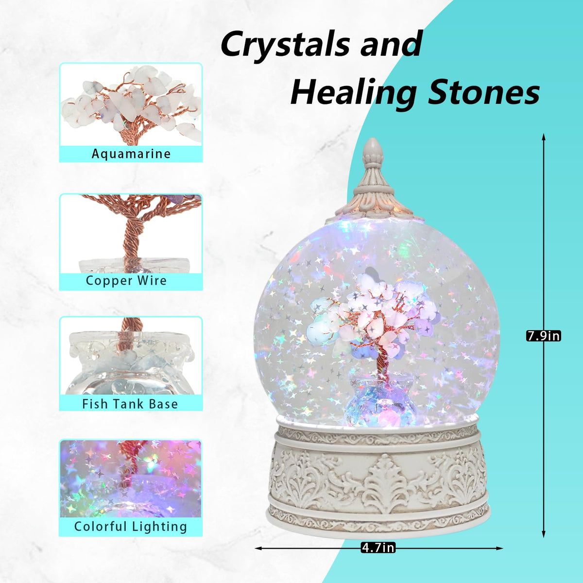 Aquamarine Healing Crystal Tree Globe with Colorful Lights and Sparkling Glitter, Natural Gemstone Base, Spiritual Meditation, Positive Energy Good Luck, Home Decor, Birthday Gifts (Aquamarine)