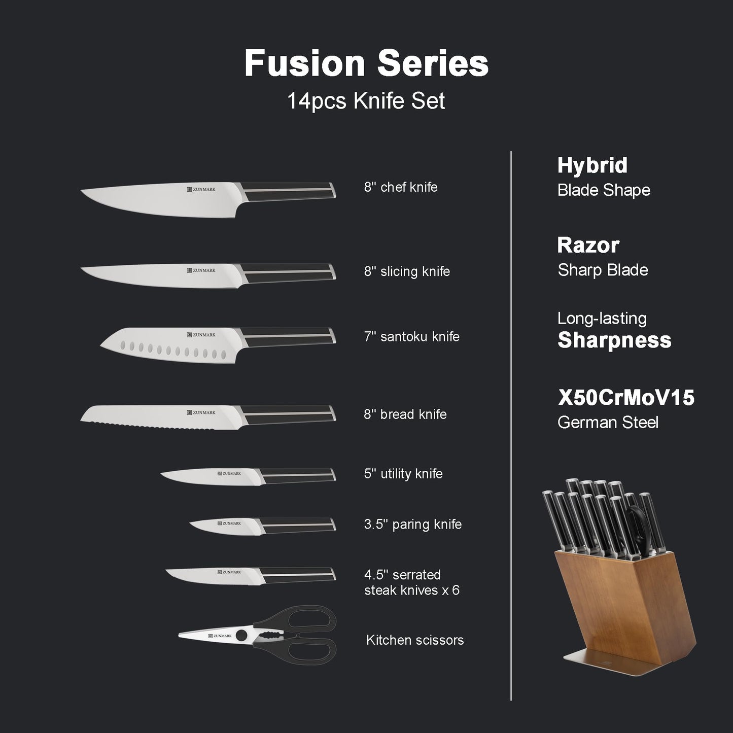 ZUNMARK Kitchen Knife Set, 14 PCS Knife Sets for Kitchen with Block, X50CrMoV15 High Carbon German Steel Knife Set with 6X Serrated Steak Knife, Heavy