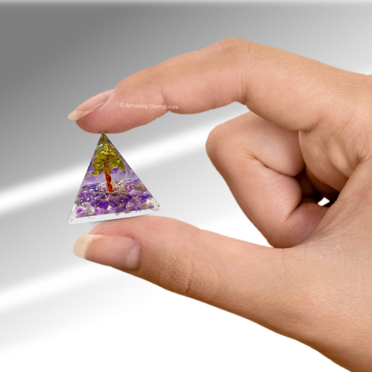 Amazing Gemstone Amethyst with Peridot Tree Orgone Pyramid - 30mm Small Orgonite Pyramids with Crystals and Healing Stones - Authentic Organite Gifts